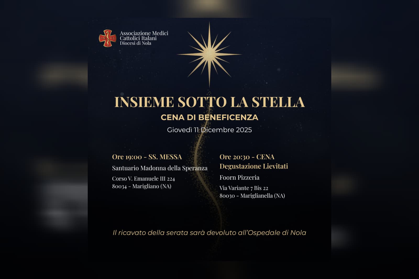 Locandina dell'evento di beneficenza "Insieme Sotto la Stella" organizzato dall'Associazione Medici Cattolici Italiani Diocesi di Nola, in programma per l'11 Dicembre 2025 tra Marigliano e Mariglianella.
