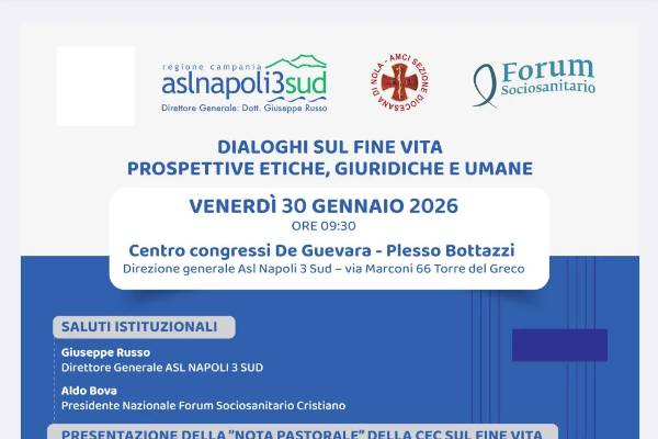 Locandina dell'evento Dialoghi sul Fine Vita del 30 gennaio 2026 con loghi ASL Napoli 3 Sud, AMCI Nola e Forum Sociosanitario